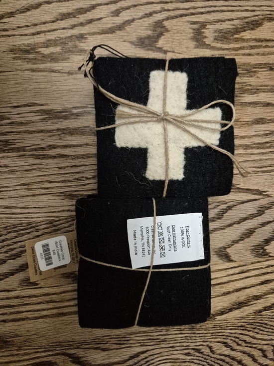 Creative Co-Op Other - Creative Co-Op Black 100% Wool Accent Coasters with White Cross